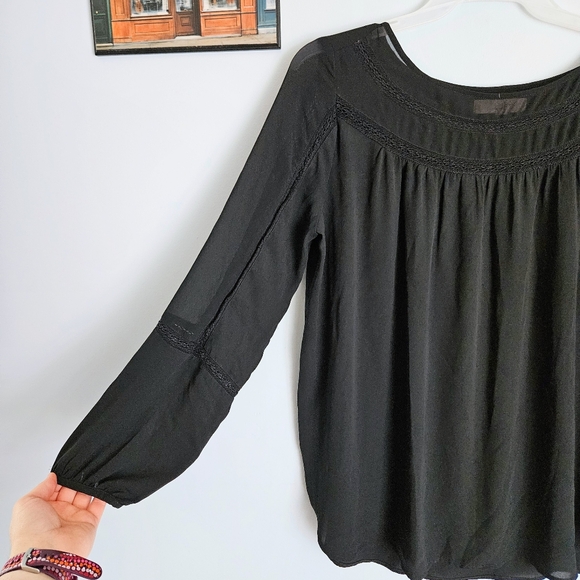 LOFT Flowy Black Long Sleeve Boho Wide Neck Semi-sheer Oversized Blouse Size L - Picture 2 of 6